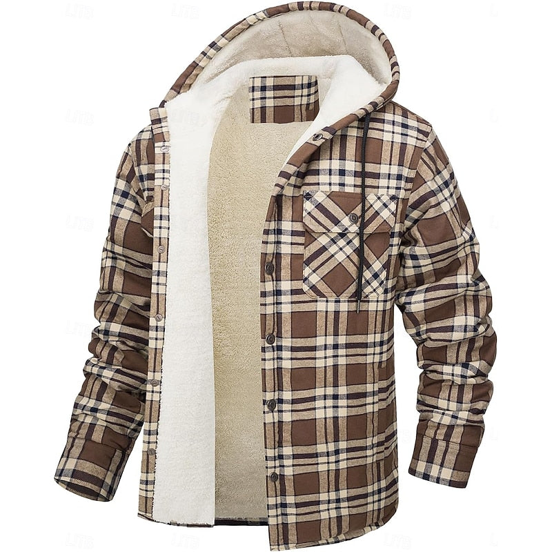 Fleece-Lined Hooded Flannel Shirt Jacket Men's Plaid Button-Up Shacket – Casual, Winter