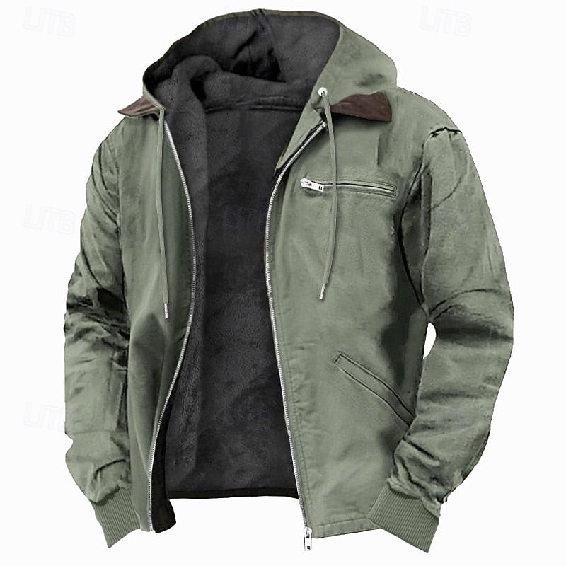 Fleece-Lined Hooded Jacket Men's Brown Full-Zip – Casual, Winter Outdoor Warmth · Faylori
