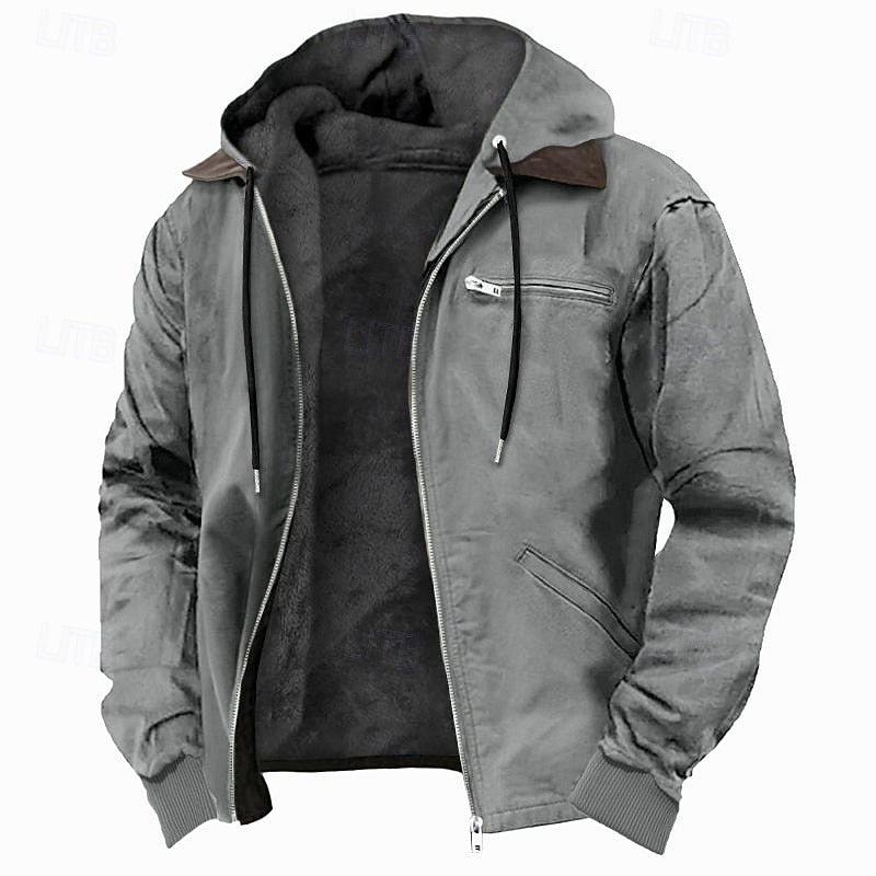 Fleece-Lined Hooded Jacket Men's Brown Full-Zip – Casual, Winter Outdoor Warmth · Faylori