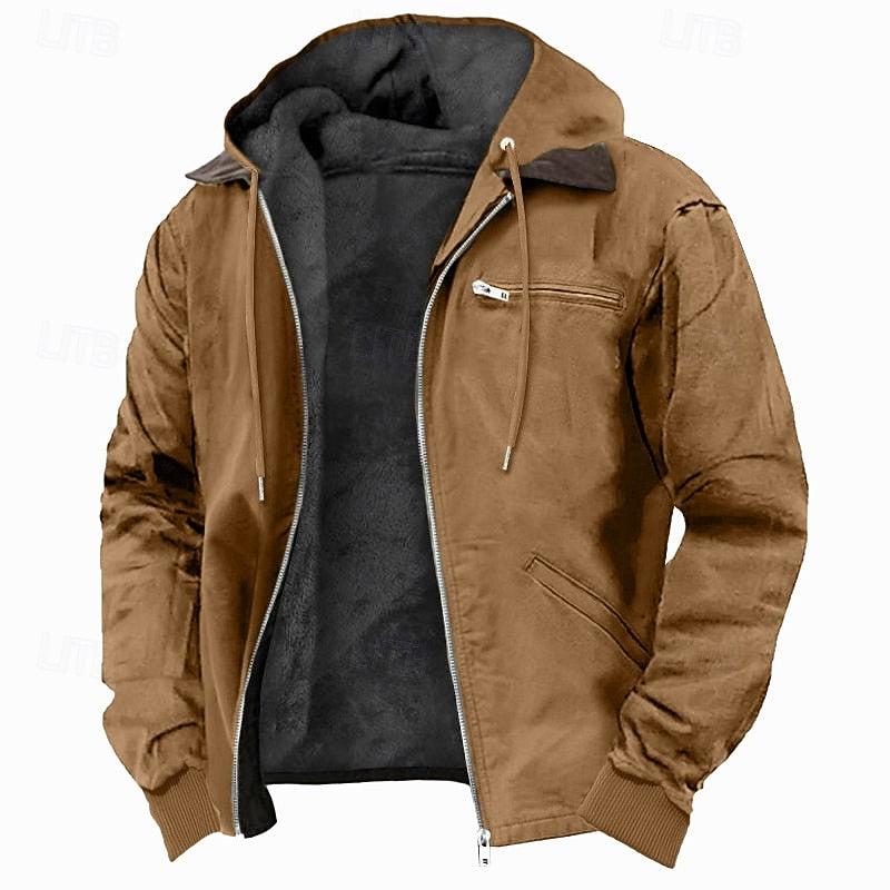 Fleece-Lined Hooded Jacket Men's Brown Full-Zip – Casual, Winter Outdoor Warmth · Faylori