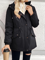 Fleece-Lined Hooded Jacket Women's Black Zip-Up Parka with Drawstring – Casual, Winter Warmth