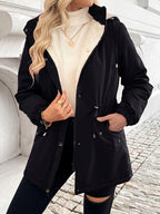 Fleece-Lined Hooded Jacket Women's Black Zip-Up Parka with Drawstring – Casual, Winter Warmth
