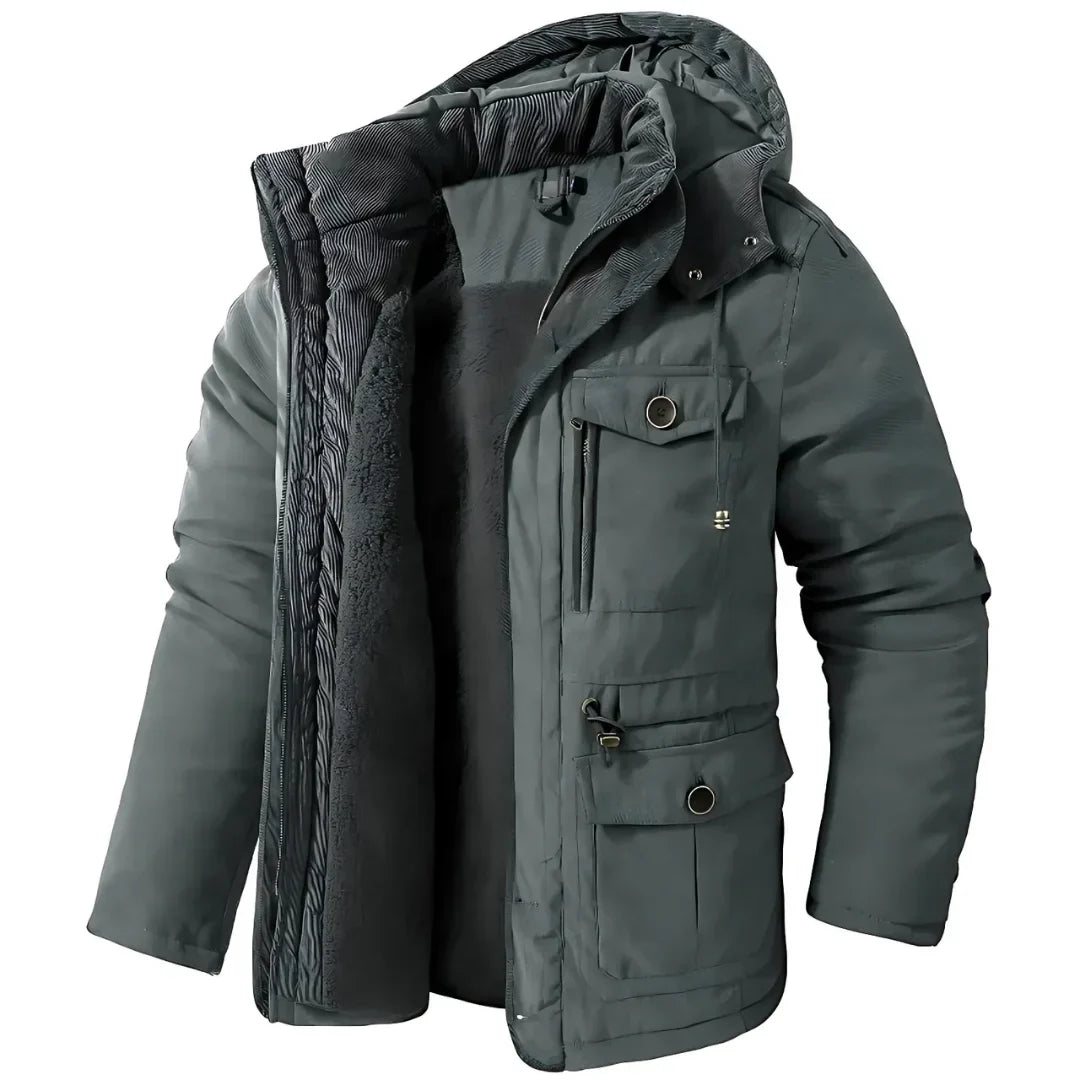 Fleece Lined Hooded Parka Men's Winter Jacket Khaki Multi-Pocket – Casual, Outdoor, Warm, Gift