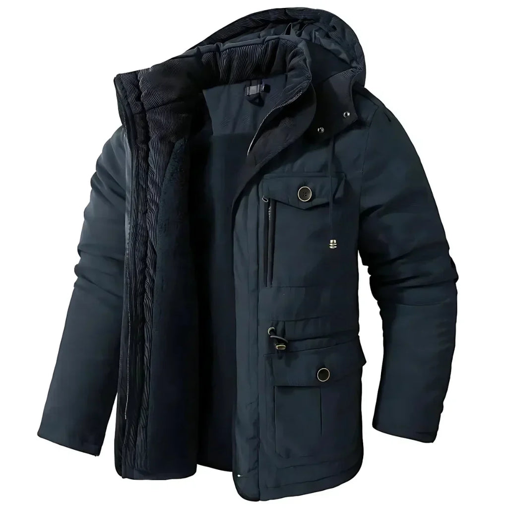 Fleece Lined Hooded Parka Men's Winter Jacket Khaki Multi-Pocket – Casual, Outdoor, Warm, Gift