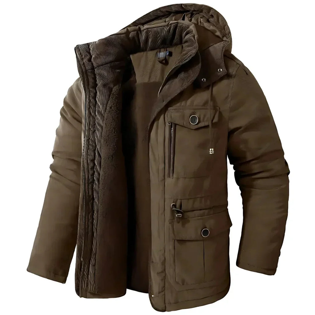Fleece Lined Hooded Parka Men's Winter Jacket Khaki Multi-Pocket – Casual, Outdoor, Warm, Gift