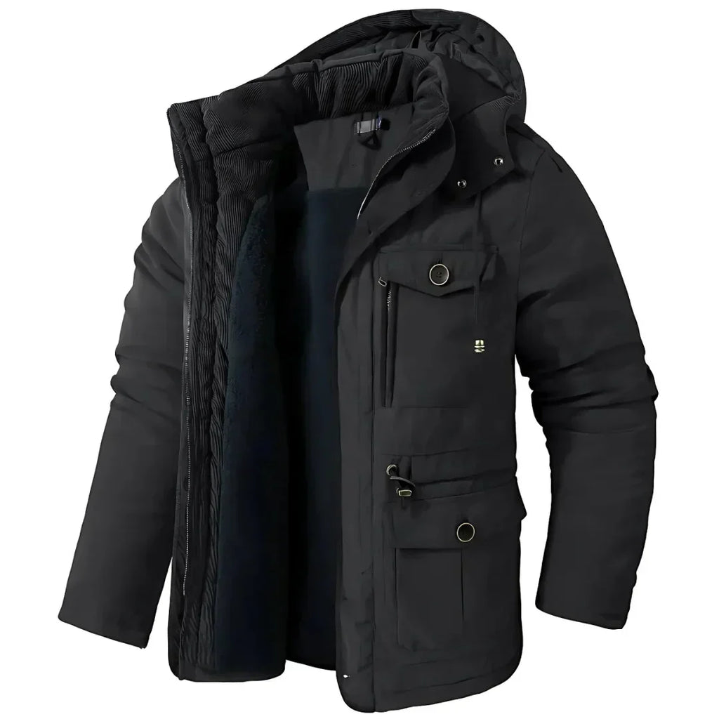 Fleece Lined Hooded Parka Men's Winter Jacket Khaki Multi-Pocket – Casual, Outdoor, Warm, Gift