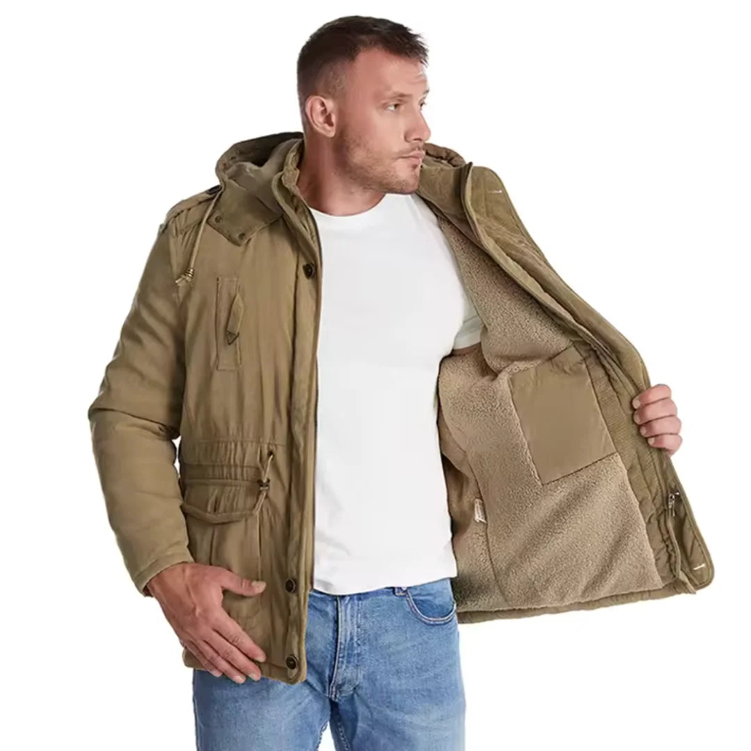 Fleece Lined Hooded Parka Men's Winter Jacket Khaki Multi-Pocket – Casual, Outdoor, Warm, Gift