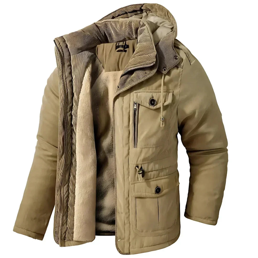 Fleece Lined Hooded Parka Men's Winter Jacket Khaki Multi-Pocket – Casual, Outdoor, Warm, Gift