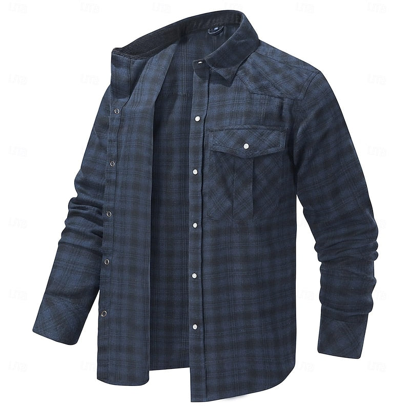 Fleece-Lined Plaid Flannel Shirt Jacket Men's Red Long Sleeve Overshirt – Casual, Winter