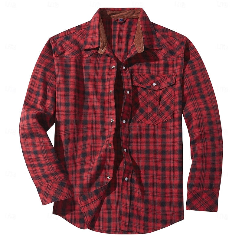 Fleece-Lined Plaid Flannel Shirt Jacket Men's Red Long Sleeve Overshirt – Casual, Winter