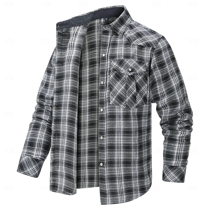 Fleece-Lined Plaid Flannel Shirt Jacket Men's Red Long Sleeve Overshirt – Casual, Winter