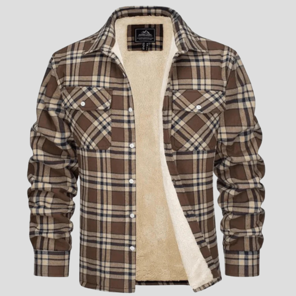 Fleece Lined Plaid Shirt Jacket Men's Orange Flannel Button-Up – Casual, Winter Warmth, Outdoor Gift