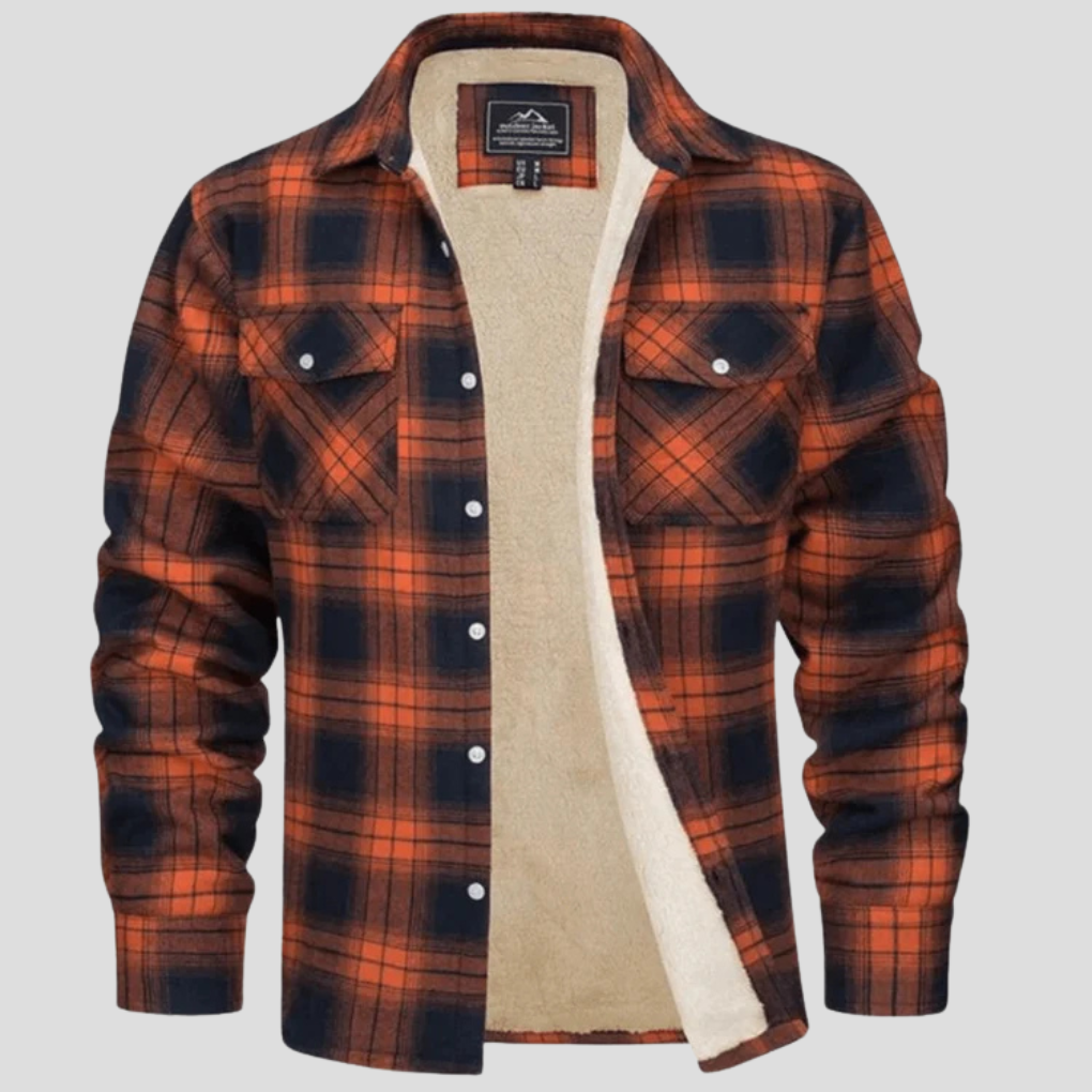 Fleece Lined Plaid Shirt Jacket Men's Orange Flannel Button-Up – Casual, Winter Warmth, Outdoor Gift