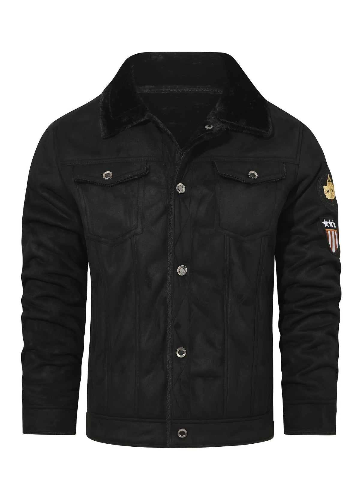 Fleece-Lined Trucker Jacket Men's Black Suede with Fur Collar – Casual, Winter Outerwear Gift