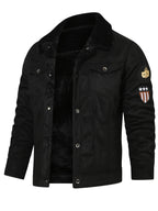 Fleece-Lined Trucker Jacket Men's Black Suede with Fur Collar – Casual, Winter Outerwear Gift