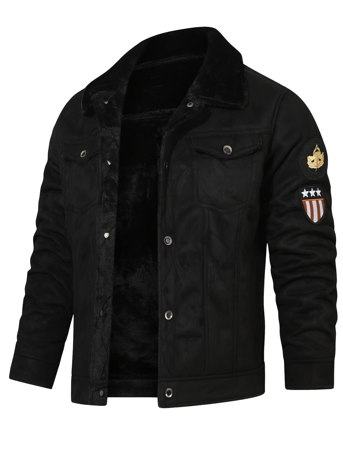 Fleece-Lined Trucker Jacket Men's Black Suede with Fur Collar – Casual, Winter Outerwear Gift