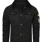 Fleece-Lined Trucker Jacket Men's Black Suede with Fur Collar – Casual, Winter Outerwear Gift