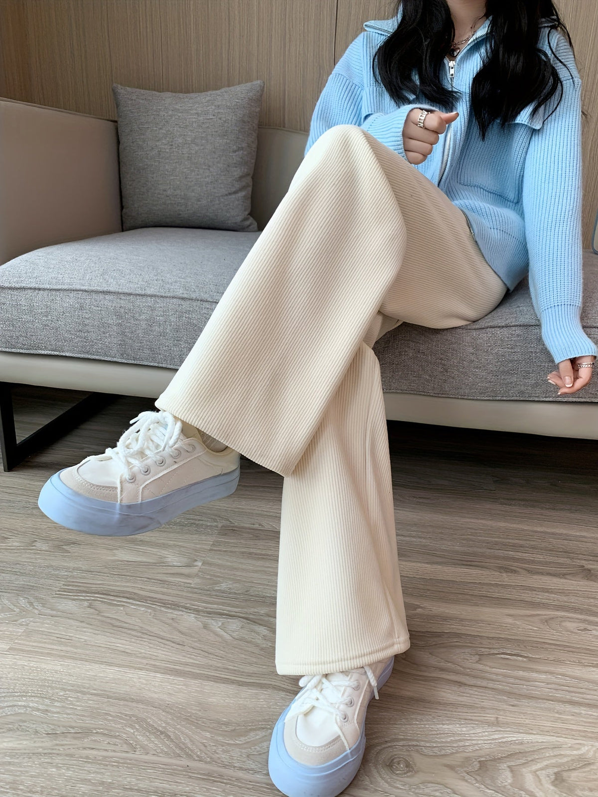 Fleece-Lined Wide-Leg Lounge Pants Women's Corduroy Warm Thermal Bottoms – Casual, Winter Home Wear