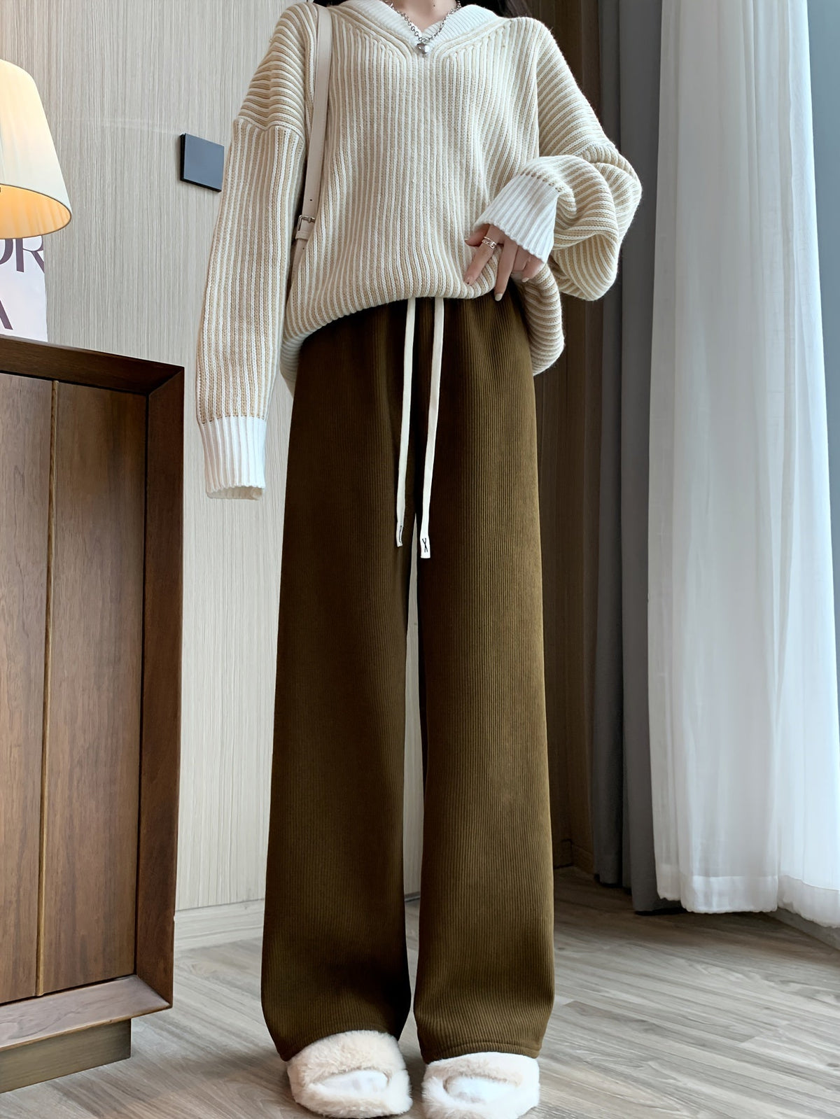 Fleece-Lined Wide-Leg Lounge Pants Women's Corduroy Warm Thermal Bottoms – Casual, Winter Home Wear