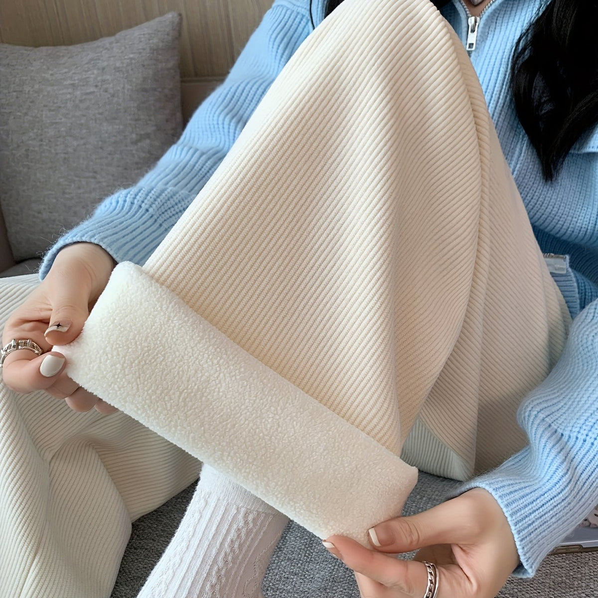 Fleece-Lined Wide-Leg Lounge Pants Women's Corduroy Warm Thermal Bottoms – Casual, Winter Home Wear