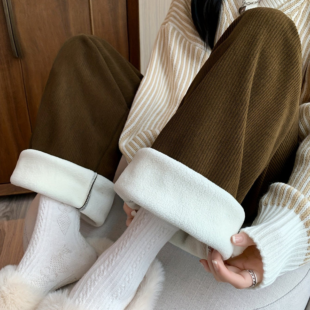 Fleece-Lined Wide-Leg Lounge Pants Women's Corduroy Warm Thermal Bottoms – Casual, Winter Home Wear