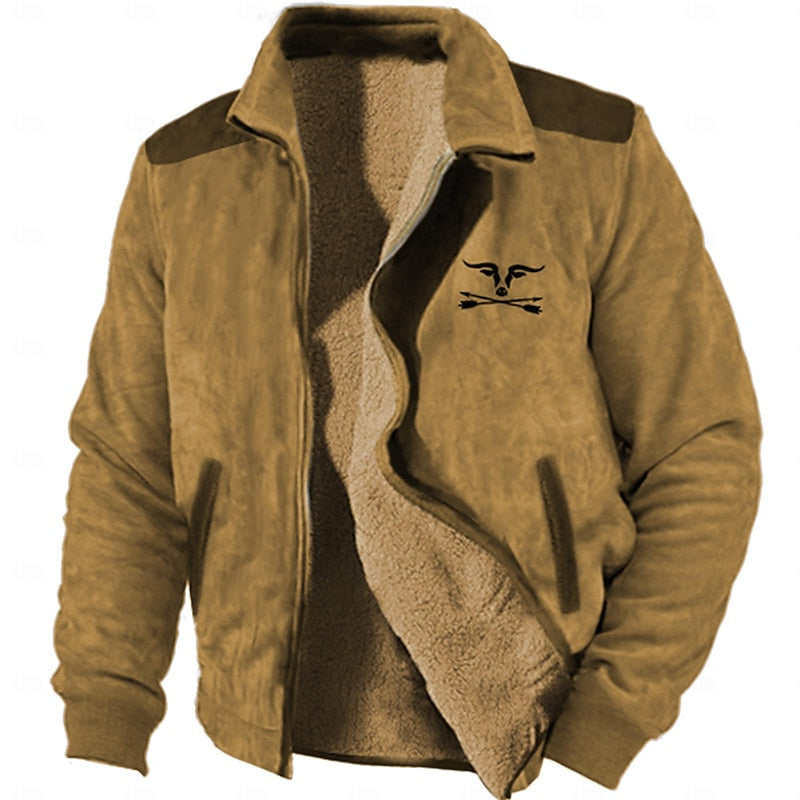 Fleece-Lined Zip Jacket Men's Brown Lapel Collar Sherpa Coat – Casual, Winter, Outdoor, Gift