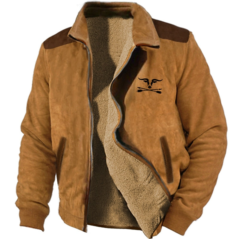 Fleece-Lined Zip Jacket Men's Brown Lapel Collar Sherpa Coat – Casual, Winter, Outdoor, Gift