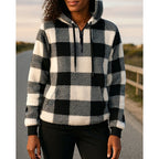 Fleece Quarter-Zip Hoodie Women's Plaid Pullover with Pockets – Casual, Winter Gift