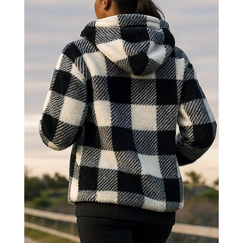 Fleece Quarter-Zip Hoodie Women's Plaid Pullover with Pockets – Casual, Winter Gift