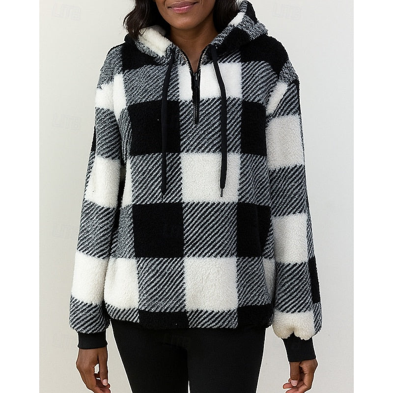 Fleece Quarter-Zip Hoodie Women's Plaid Pullover with Pockets – Casual, Winter Gift