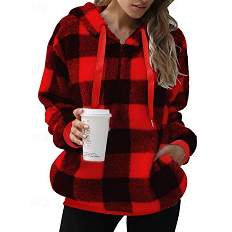 Fleece Quarter-Zip Hoodie Women's Plaid Pullover with Pockets – Casual, Winter Gift