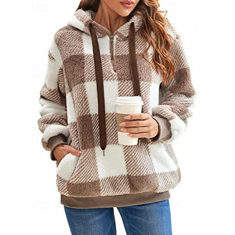 Fleece Quarter-Zip Hoodie Women's Plaid Pullover with Pockets – Casual, Winter Gift