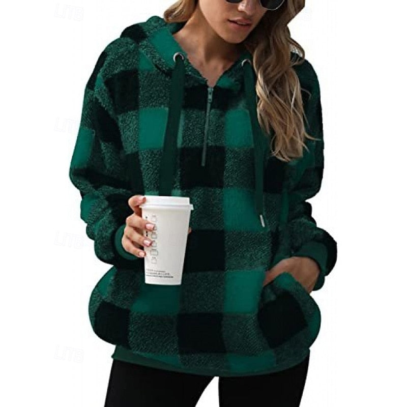 Fleece Quarter-Zip Hoodie Women's Plaid Pullover with Pockets – Casual, Winter Gift
