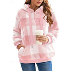 Fleece Quarter-Zip Hoodie Women's Plaid Pullover with Pockets – Casual, Winter Gift