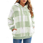 Fleece Quarter-Zip Hoodie Women's Plaid Pullover with Pockets – Casual, Winter Gift