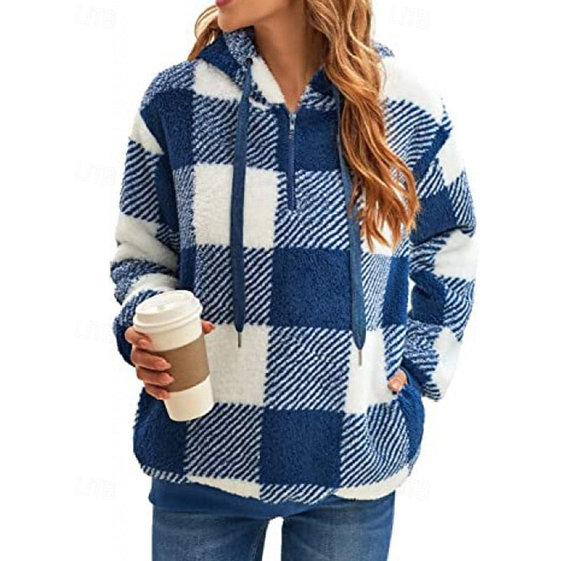 Fleece Quarter-Zip Hoodie Women's Plaid Pullover with Pockets – Casual, Winter Gift