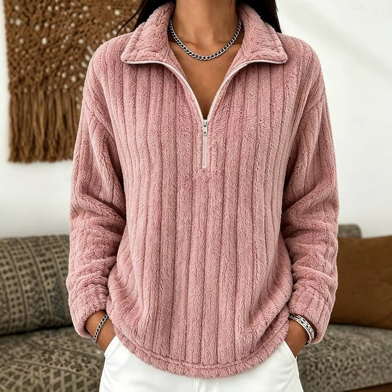 Fleece Quarter-Zip Pullover Women's Textured Ribbed Long Sleeve Sweater – Casual, Cozy, Gift