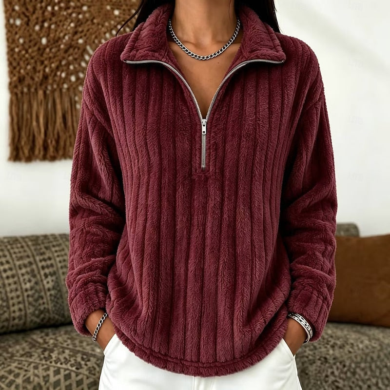 Fleece Quarter-Zip Pullover Women's Textured Ribbed Long Sleeve Sweater – Casual, Cozy, Gift