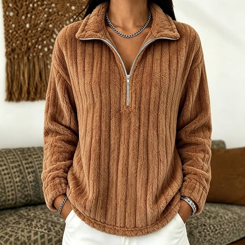 Fleece Quarter-Zip Pullover Women's Textured Ribbed Long Sleeve Sweater – Casual, Cozy, Gift