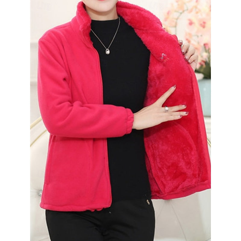 Fleece Stand-Collar Jacket Women's Purple Fleece-Lined Full-Zip – Casual, Winter Warmth
