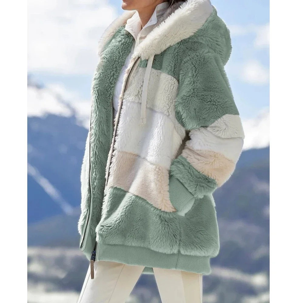 Fleece Teddy Jacket Women's Hooded Colorblock Zip-Up Coat – Casual, Winter, Office, Gift