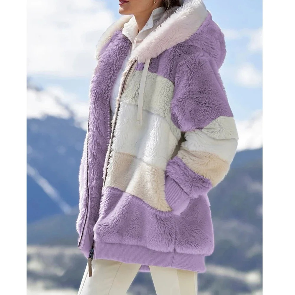 Fleece Teddy Jacket Women's Hooded Colorblock Zip-Up Coat – Casual, Winter, Office, Gift