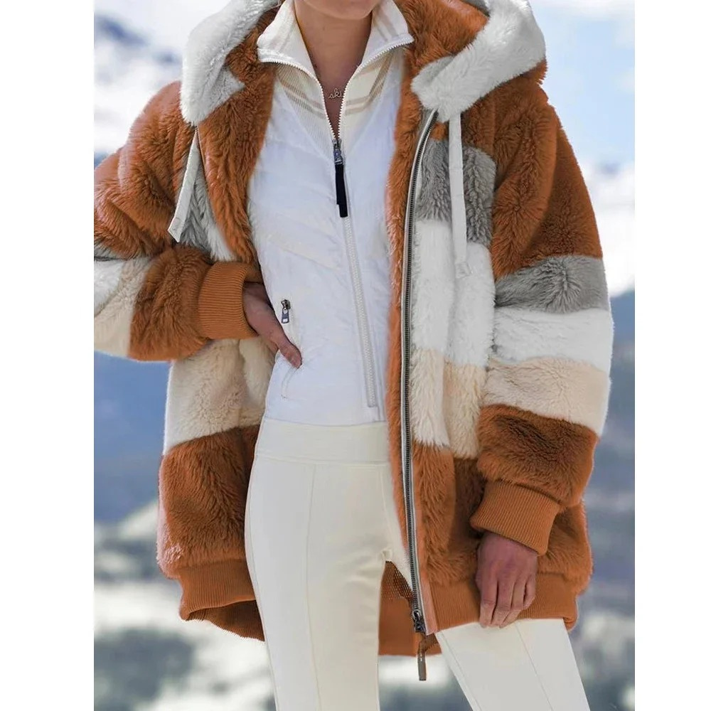 Fleece Teddy Jacket Women's Hooded Colorblock Zip-Up Coat – Casual, Winter, Office, Gift