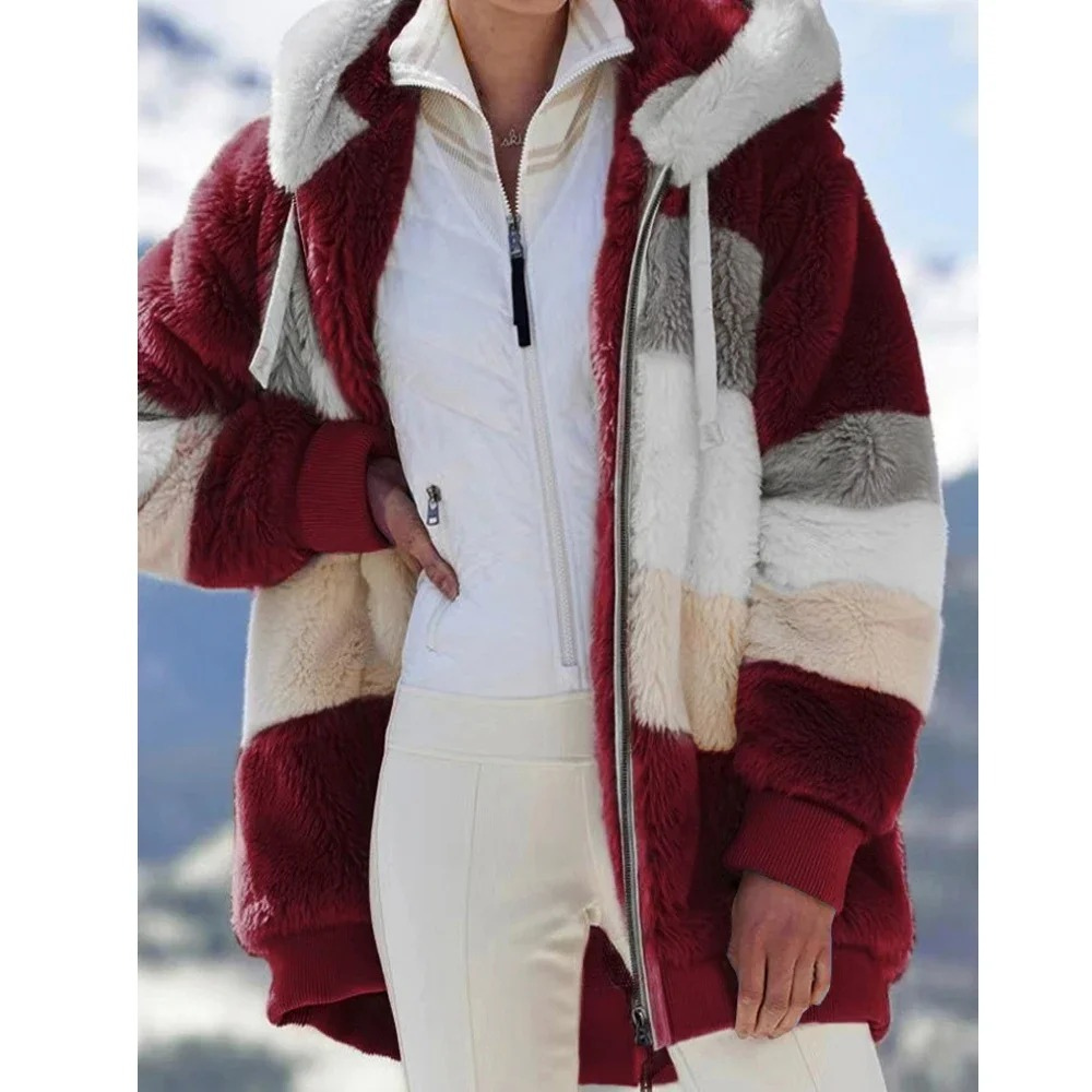 Fleece Teddy Jacket Women's Hooded Colorblock Zip-Up Coat – Casual, Winter, Office, Gift