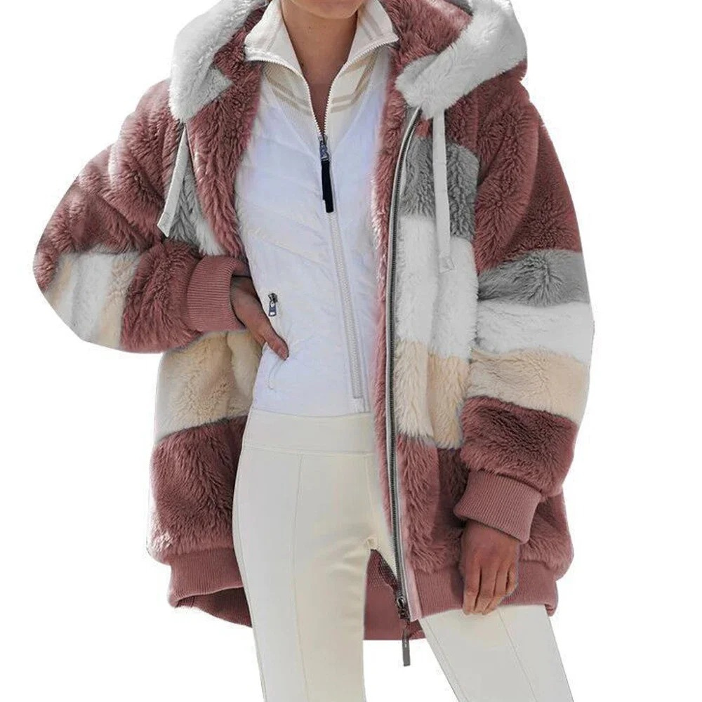 Fleece Teddy Jacket Women's Hooded Colorblock Zip-Up Coat – Casual, Winter, Office, Gift