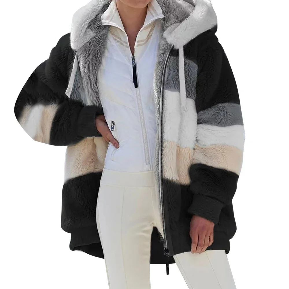 Fleece Teddy Jacket Women's Hooded Colorblock Zip-Up Coat – Casual, Winter, Office, Gift