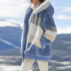 Fleece Teddy Jacket Women's Hooded Colorblock Zip-Up Coat – Casual, Winter, Office, Gift