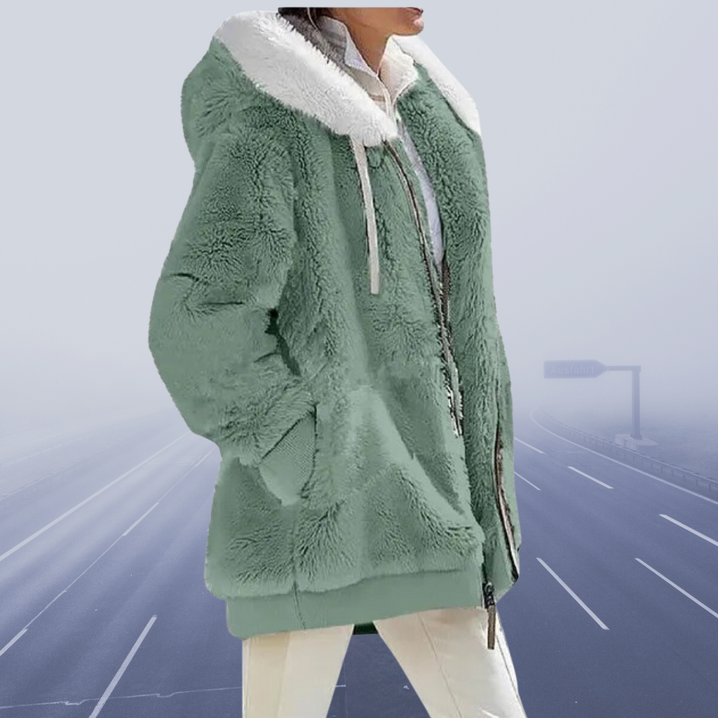 Fleece Teddy Jacket Women's Oversized Hooded Zip-Up Green – Casual, Winter, Office, Gift