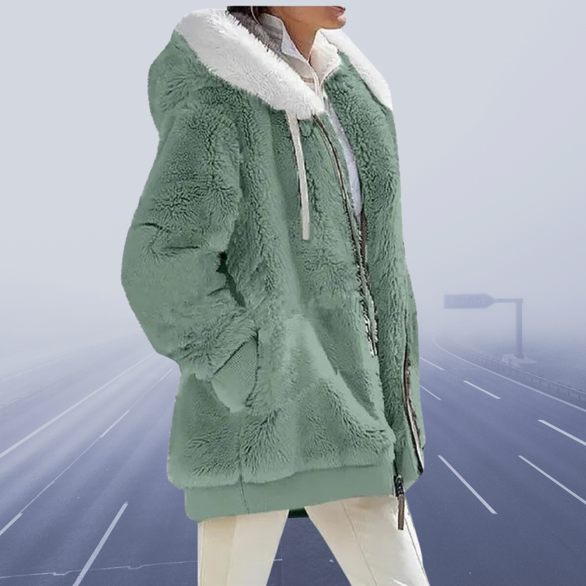 Fleece Teddy Jacket Women's Oversized Hooded Zip-Up Green – Casual, Winter, Office, Gift