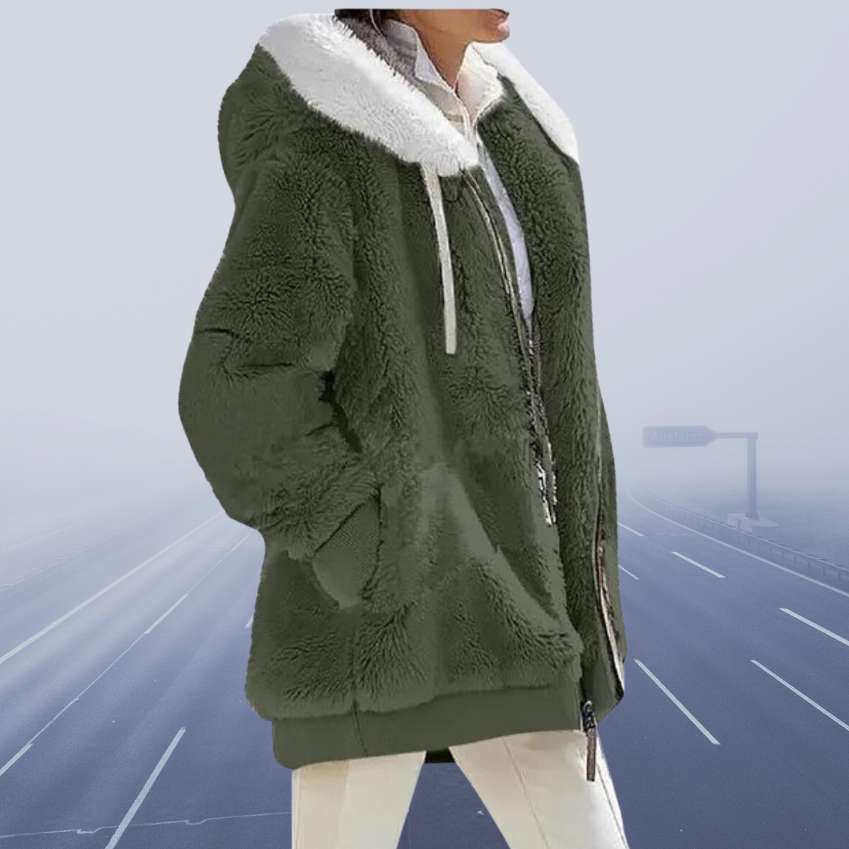 Fleece Teddy Jacket Women's Oversized Hooded Zip-Up Green – Casual, Winter, Office, Gift